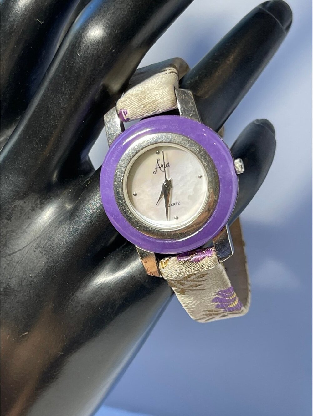 Aria Sterling Silver Case Watch Purple Bezel Mother of Pearl Dial Vintage Style